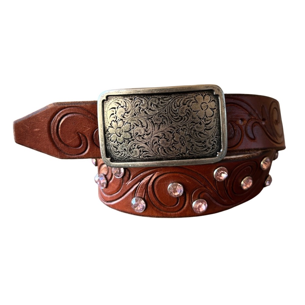 J.W. Jao Saddlery Brown Tooled Leather Belt Pink Rhinestone Floral Buckle
